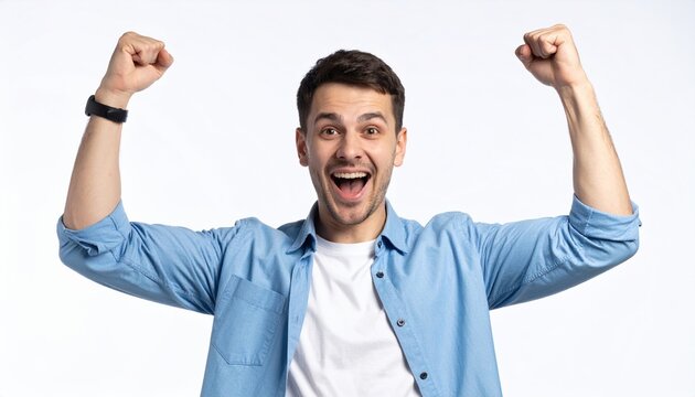 A ecstatic man exulting with a wide open-mouthed smile, throwing his arms up to celebrate a great achievement, isolated on white.