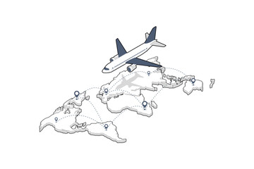 Isometric line art of a commercial airplane flying over a 3D world map with flight routes and location pins. Concept of global aviation logistics and cargo shipping. © Me_Studio