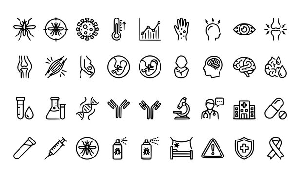 Zika Virus Symptoms Diagnosis and Treatment Outline Icon Set Editable Stroke Medical Vector Collection