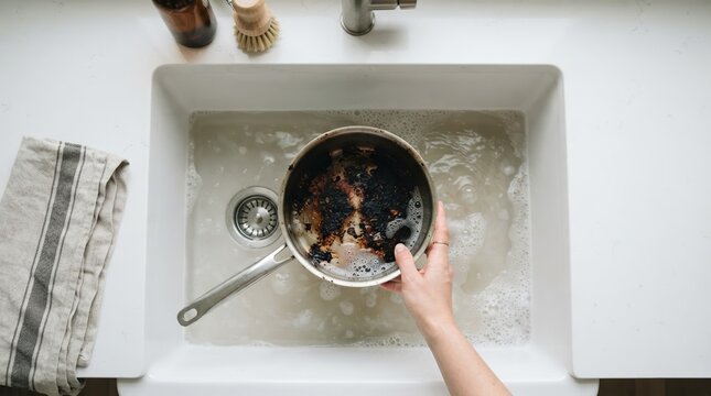 Person washing a burnt stainless steel pot in a white kitchen sink with soapy water for household cleaning chores