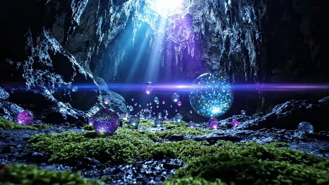 Glowing crystal orbs floating inside magical cave with light rays for fantasy and cinematic content