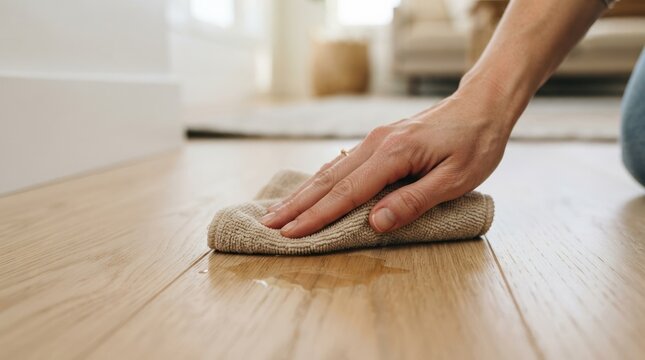 Close up of a woman hand wiping a water spill on a light oak hardwood floor with a microfiber cloth for home cleaning