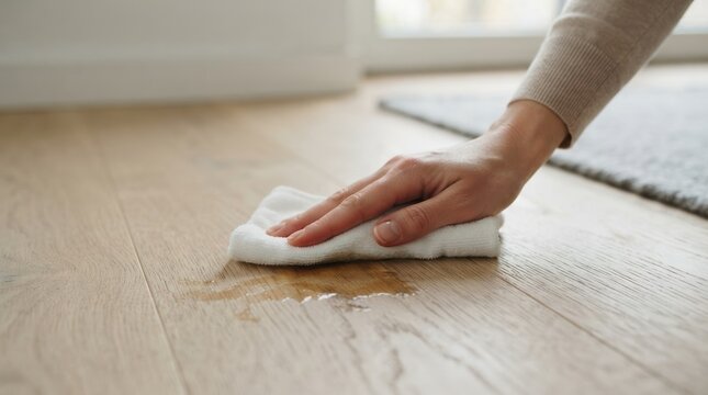 Close up of a woman hand cleaning a liquid spill on a light oak wooden floor with a white cloth for home maintenance