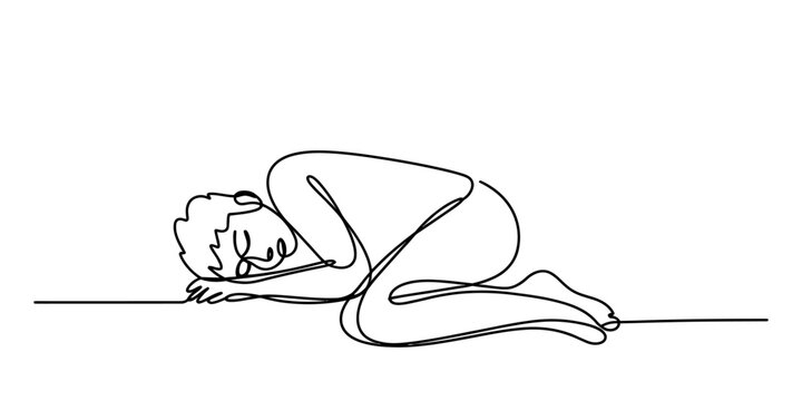 Continuous single line drawing of a person sleeping in a curled fetal position isolated on a white background Vector, illustration