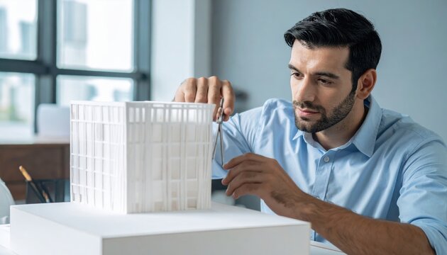 A professional architect modifying a physical structural building model