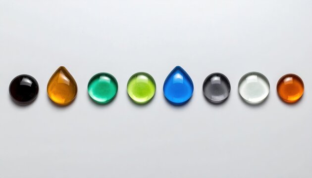 A collection of various glass drops arranged in a straight line
