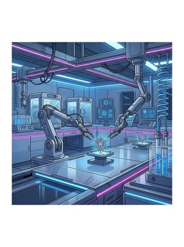Futuristic automated laboratory with robotic arms and neon lights
