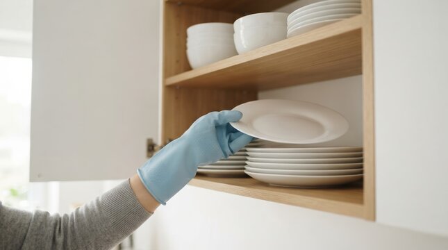 Person wearing blue rubber glove organizing clean white plates in a wooden kitchen cabinet for household chores