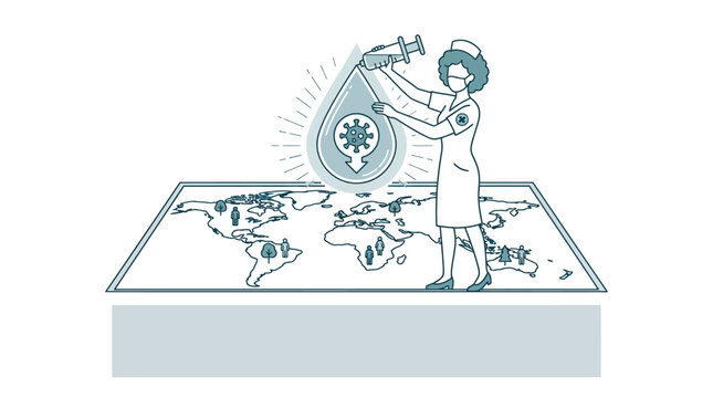 A nurse administering a vaccine over a global map illustration.
