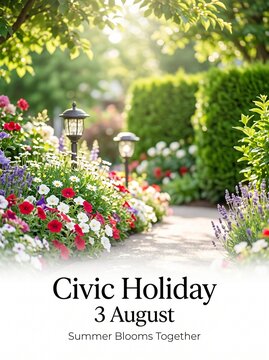 Civic holiday event flyer design with summer garden pathway with design with design