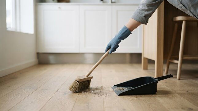 Person Sweeping Wooden Floor with Broom and Dustpan in Modern Kitchen for Home Cleaning and Maintenance Concept