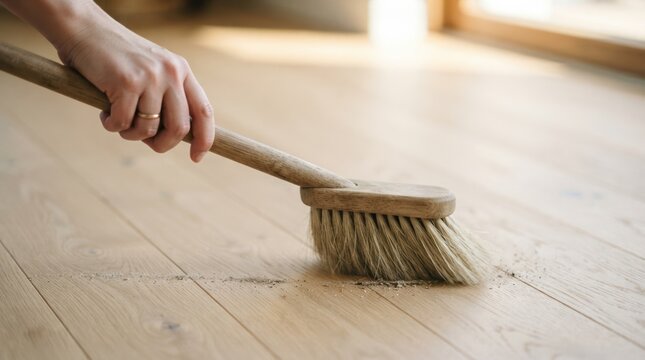 Person sweeping dust on wooden floor with wooden brush for home cleaning and maintenance concept