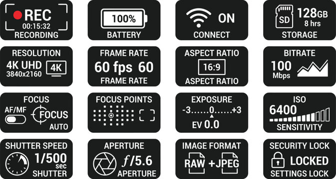 Camera Recording Settings Interface Icon Collection with Resolution Focus Exposure Battery and Storage Controls