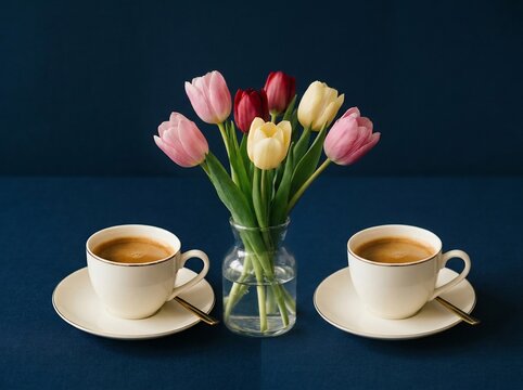 Two cups of coffee and tulips on dark blue background