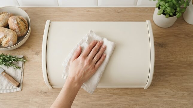 Woman cleaning cream bread box on wooden kitchen counter with cloth, top view of home organization and food storage