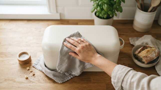 Woman cleaning white bread box on wooden kitchen counter with linen cloth for home organization and food storage
