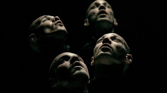 Four figures with bald heads look upwards in a dark space during an artistic performance on stage