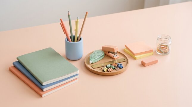 Pastel stationery on a desk. Organized school supplies for creative study and planning.