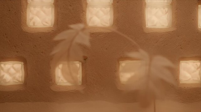 Botanical wall shadow overlay plant silhouette warm light soft focus interior design abstract background textured surface cozy mood minimal style warm frosted glass block square window pattern soft