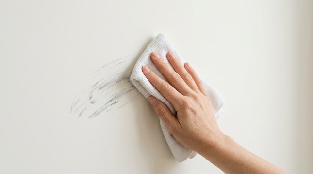 Hand cleaning dark scuff mark off white wall with white cloth for home maintenance and repair concept