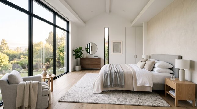 Modern Minimalist Master Bedroom Interior with Large Windows and Natural Light