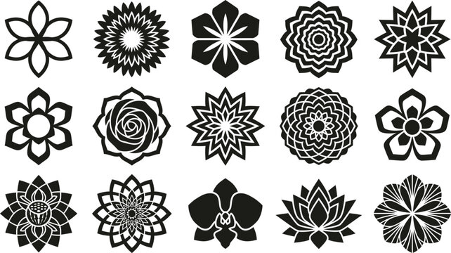 A collection of fifteen black and white floral mandala and geometric flower shapes arranged in a grid on a white background