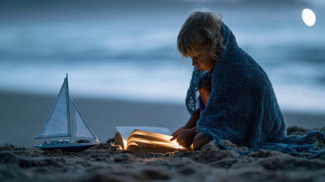 Cozy beach night child reading glowing book sailboat toy moonlight blanket seaside storytelling magic dreamy atmosphere Child reading by glowing book sandy beach cozy blanket near sailboat toy