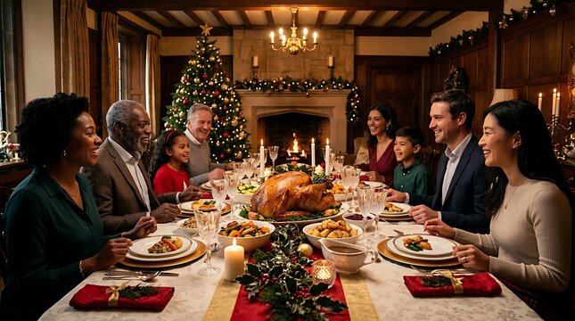 Multi-generational diverse family enjoying christmas dinner together