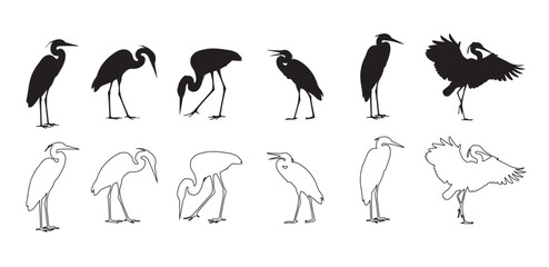 Fototapeta premium Wetland bird silhouettes set featuring heron stork flamingo pelican spoonbill crane and more. Collection of heron and crane silhouettes in various standing and flying poses, vector illustration.