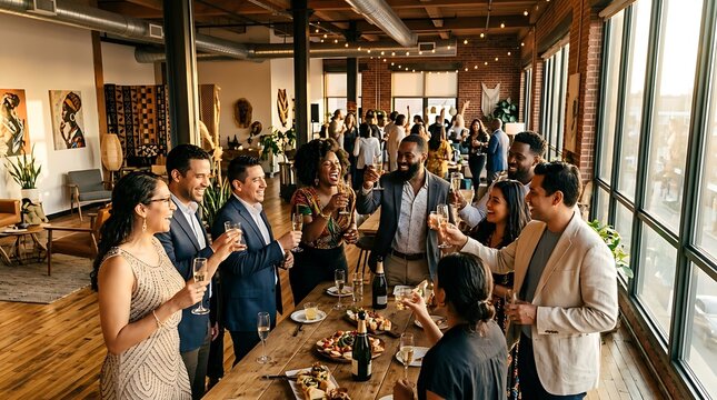 Diverse friends toasting at a stylish dinner party celebration