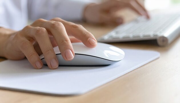A close-up of a hand using a wireless mouse on a clean desk pad