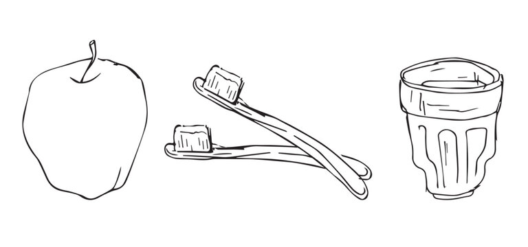 A minimalist line drawing of a tooth and toothbrush for dental hygiene. Oral hygiene icon set featuring toothpaste tube and toothbrush in outline style, vector illustration.