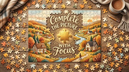 Fototapeta premium Autumn Puzzle Scene: Complete the Picture with Focus, Scattered Pieces on Wooden Table with Coffee