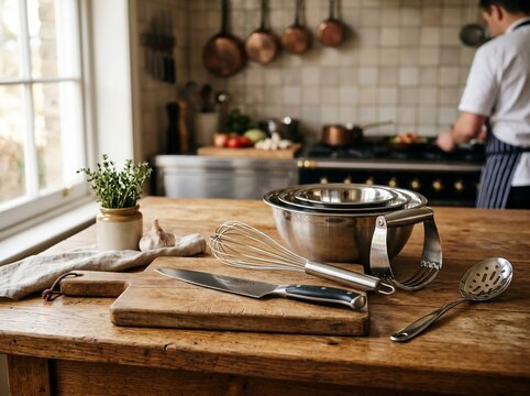 Chef preparing food in a rustic kitchen with stainless steel utensils