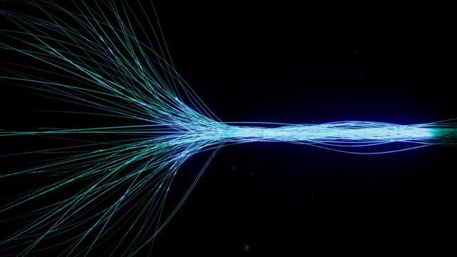 CGI of cyan-blue fiber optic cables twisting in the dark. Light trails represent data flow and connectivity. Ideal for technology, AI, and science. Rendered in Unreal Engine.