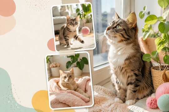 Domestic cat playing and resting by sunlit window scrapbook collage layout illustrating pet care and cozy indoor home life