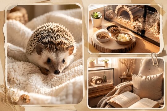 Pet hedgehog in cozy habitat with food bowl and reading corner scrapbook collage representing exotic pet care and home wellness