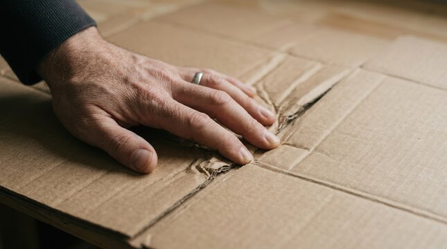 Close up of a man hand pressing on damaged cardboard sheet for recycling or packaging logistics concept