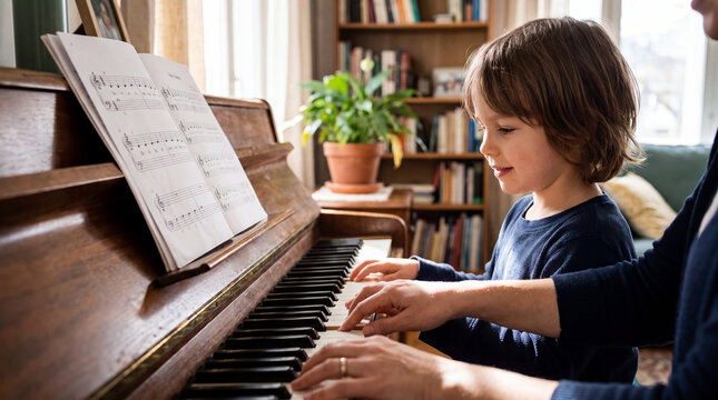 Young boy taking piano lesson with teacher at home