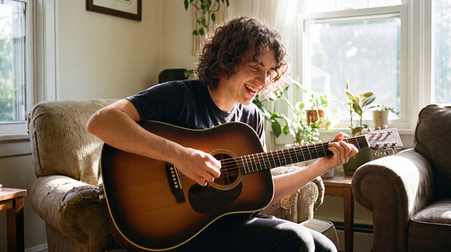 Young man playing acoustic guitar sitting in a living room