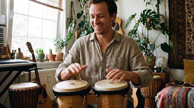 Man playing bongo drums in his home music studio