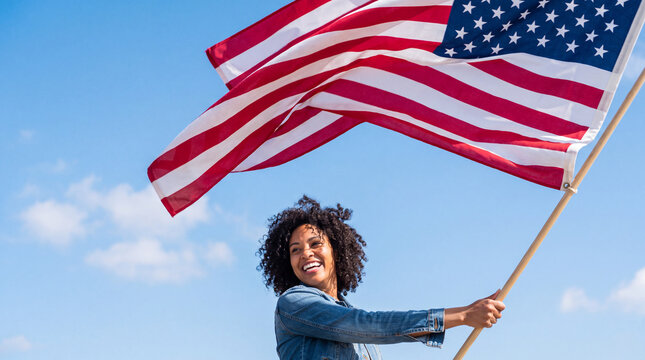 Woman holding an American flag against a clear blue sky