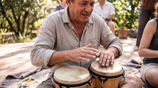 Senior man playing bongo drums outdoors at a community gathering