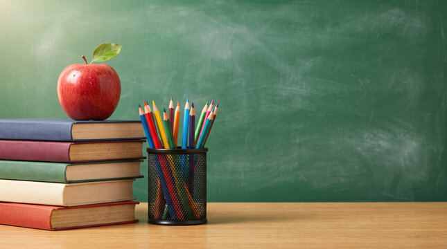 Stack of colorful textbooks with red apple and cup of colored pencils on wooden desk in front of classroom chalkboard, celebrating back to school, education, learning, teaching and academic success.