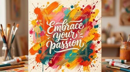 Fototapeta premium Embrace Your Passion: Vibrant Abstract Art with Artist Brushes and Paint Tubes - Creative Studio Inspiration