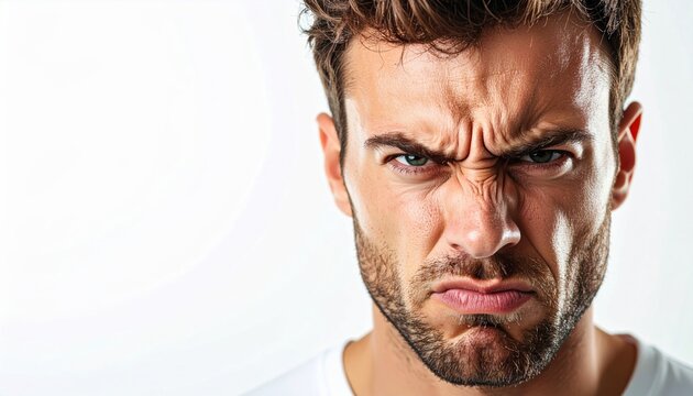 A portrait of a man showing a clear expression of annoyance, rolling his eyes slightly with a frustrated sigh, isolated on white.