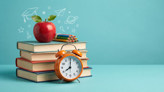 Back to school education background with stacked books, red apple, alarm clock and colored pencils on blue backdrop, symbolizing learning, classroom preparation, time management and academic success.