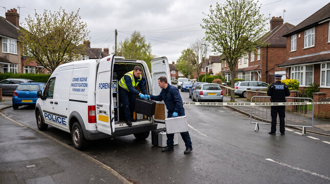 Forensic crime scene investigators in professional uniforms working from a white police van while a uniformed officer stands guard near the yellow tape at street level