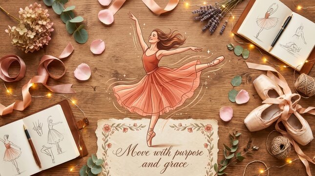 Ballerina performing a graceful dance, surrounded by ballet shoes, ribbons, sketches and flowers on a wooden table