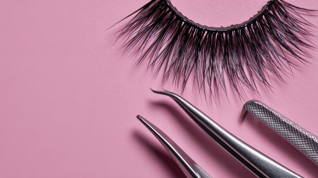 Eyelash beauty tools on pink background: tweezers and false lashes for makeup artistry